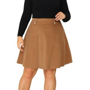 Plus Size for Women Mini Elastic Waist Button Decor A Line Skirt Brown